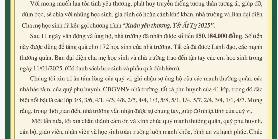 THƯ CẢM ƠN CHƯƠNG TRÌNH XUÂN YÊU THƯƠNG TẾT ẤT TỴ NĂM 2025