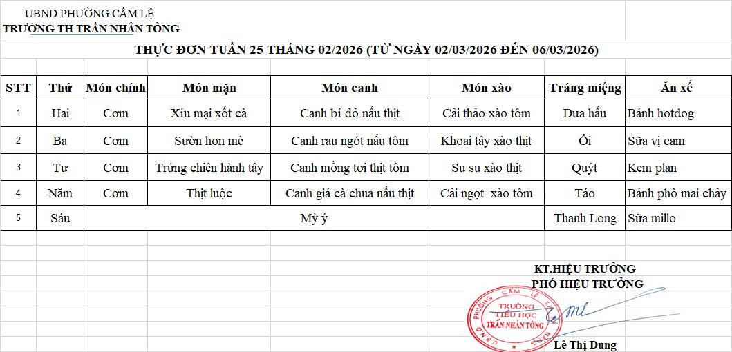 THỰC ĐƠN TUẦN 25 – NĂM HỌC 2025-2026