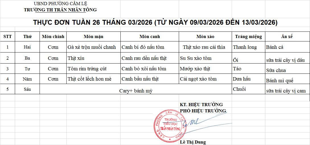 THỰC ĐƠN TUẦN 26 – NĂM HỌC 2025-2026