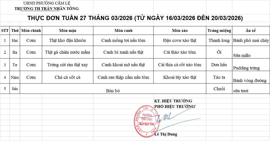 THỰC ĐƠN TUẦN 27 – NĂM HỌC 2025-2026