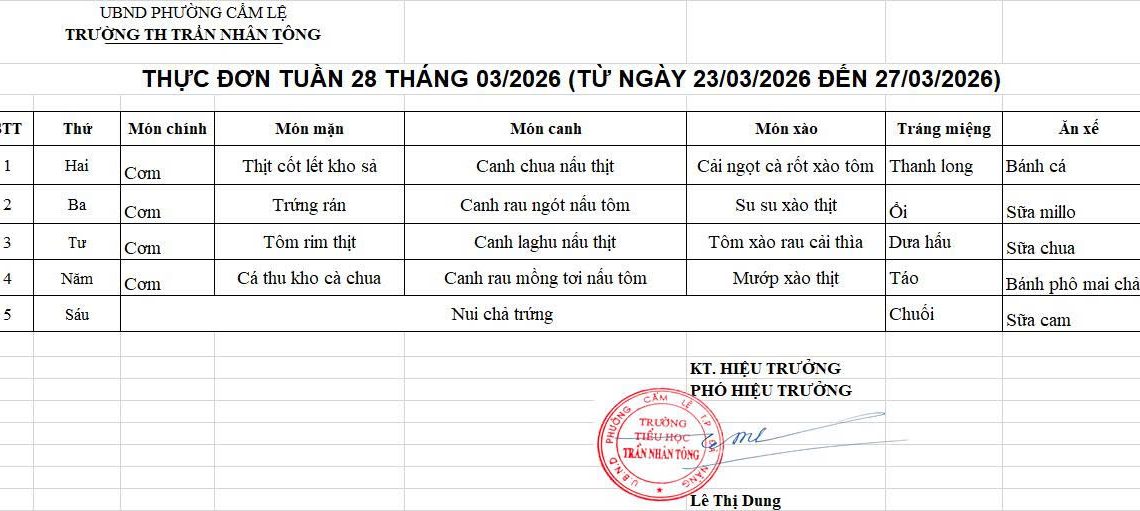 THỰC ĐƠN TUẦN 28 – NĂM HỌC 2025-2026