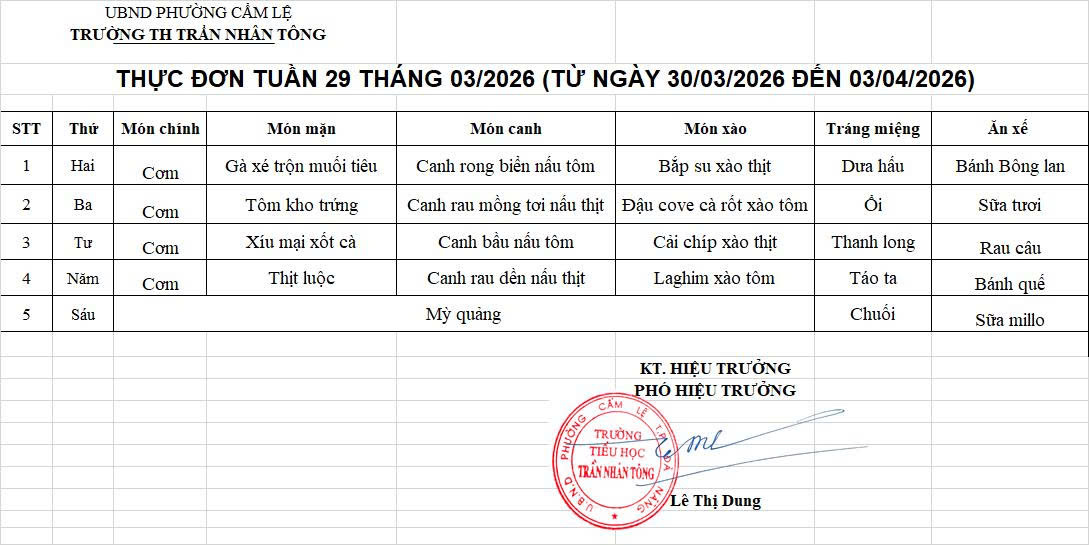 THỰC ĐƠN TUẦN 29 – NĂM HỌC 2025-2026