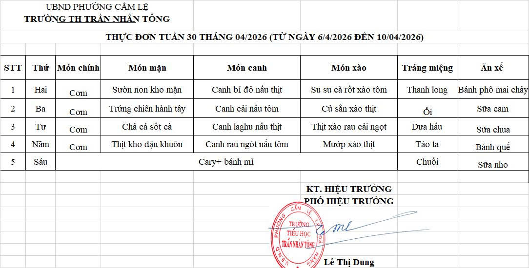 THỰC ĐƠN TUẦN 30 – NĂM HỌC 2025-2026