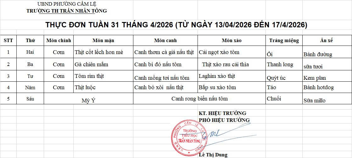 THỰC ĐƠN TUẦN 31 – NĂM HỌC 2025-2026