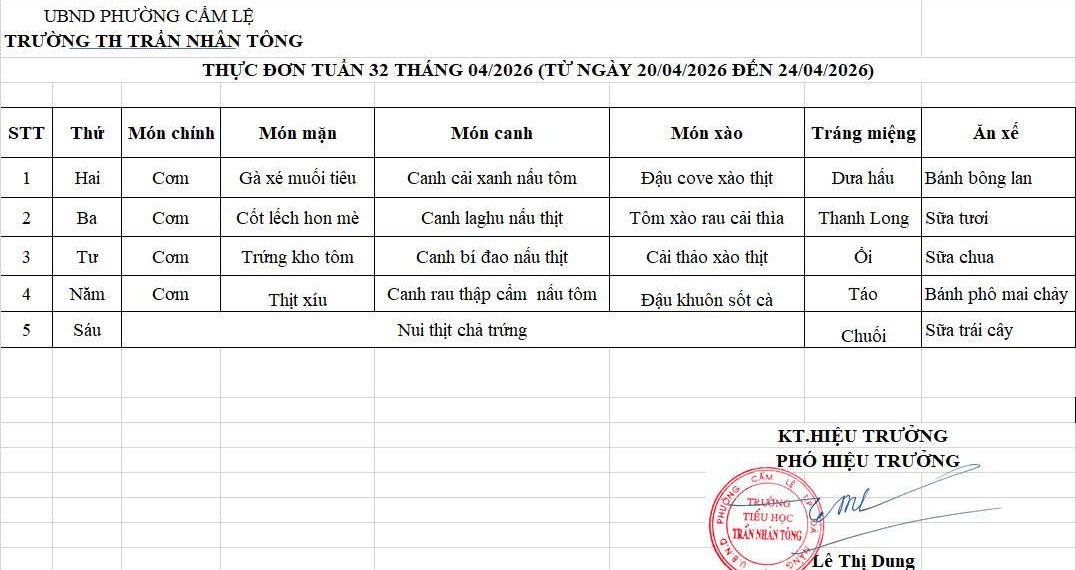 THỰC ĐƠN TUẦN 32 – NĂM HỌC 2025-2026