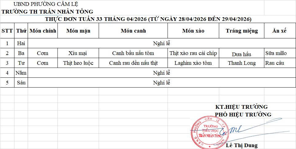 THỰC ĐƠN TUẦN 33 – NĂM HỌC 2025-2026